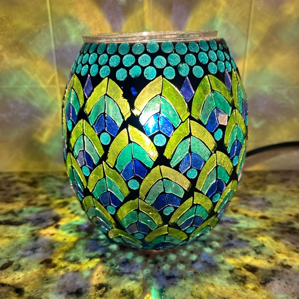 Scentsy Vibrant Glass Dish with Green and Blue Swirls
